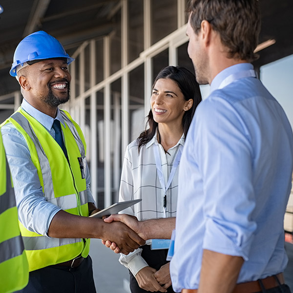 Smiling engineer shaking hands at construction site with happy architect. Handshake between cheerful african construction manager with businessman at bulding site. Team of workers with architects and contractor conclude an agreement with safety uniform.