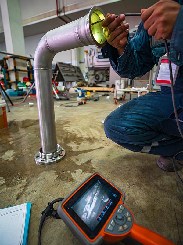 Technician inspecting industrial piping with a borescope camera.