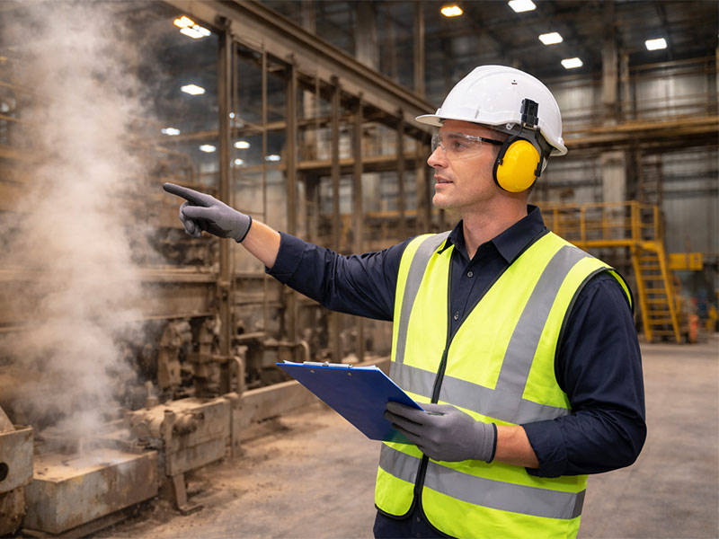 Worker in safety gear conducting an industrial site inspection.
