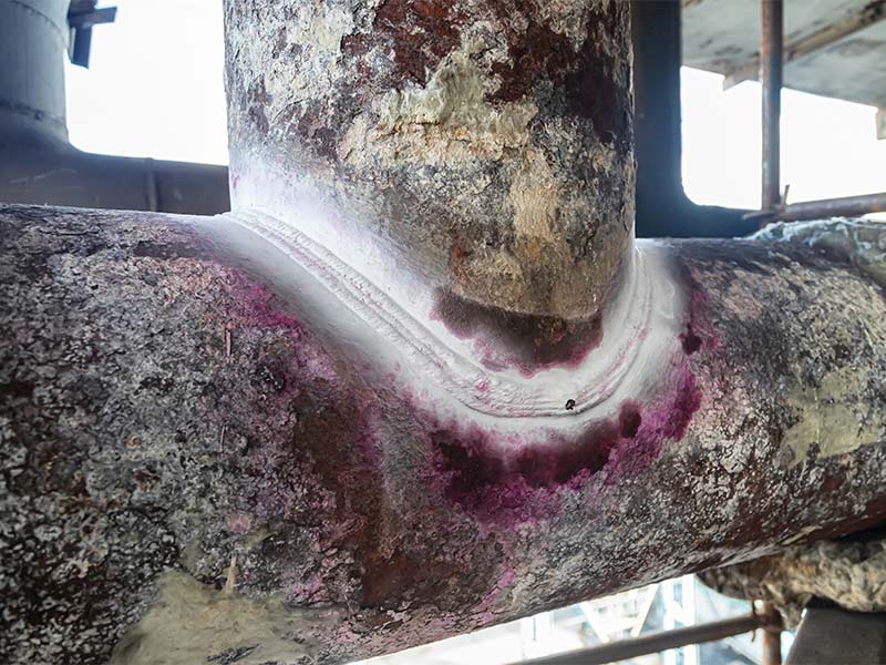Pipe weld undergoing liquid penetrant inspection.